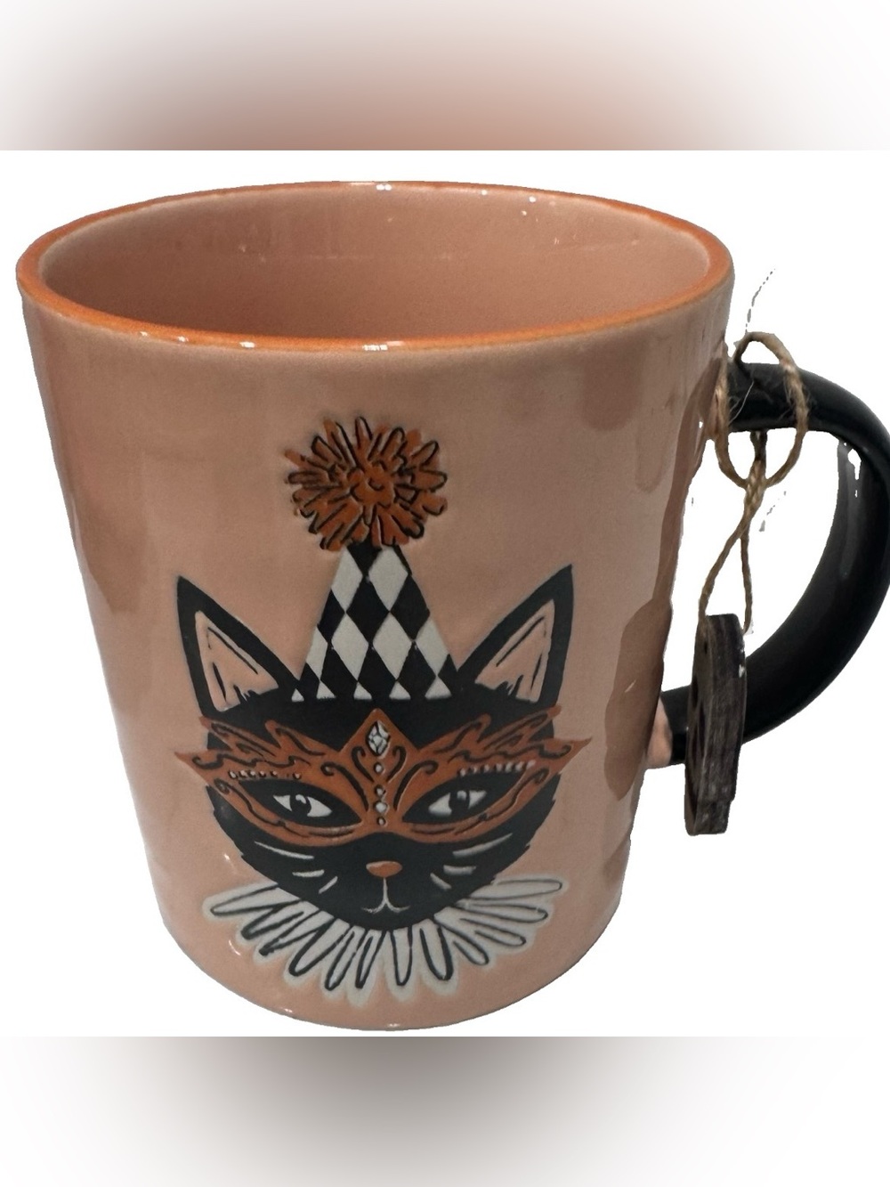 Prima Halloween Boutique Coffee Mug w/Harlequin Black Cat w/ Mask Dual Sided NWT